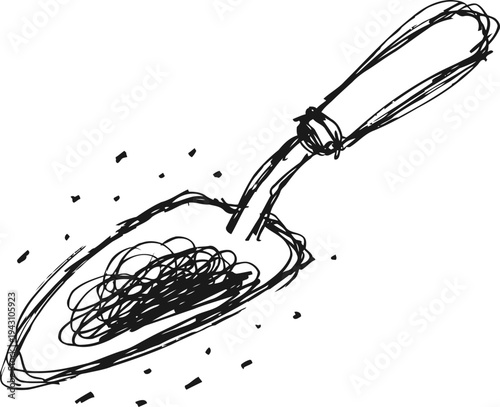 sketch of hand shovel for gardening with soil and wooden handle illustration