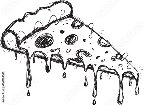 Melting pizza slice sketch with dripping cheese and round pepperoni toppings, hand drawn illustration