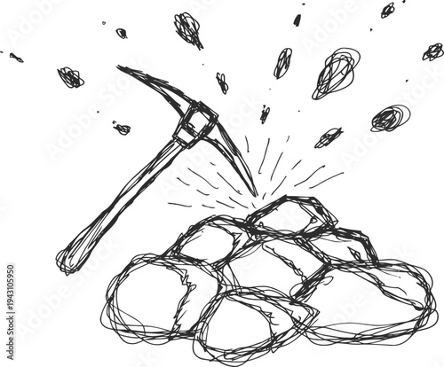 Hand drawn mining pickaxe breaking rocks sketch mining and excavation concept illustration