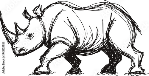 Rhinoceros sketch drawing, wildlife animal illustration, black ink line art on white background