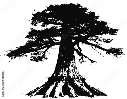 Silhouette of a large tree with expansive branches and exposed roots against white background