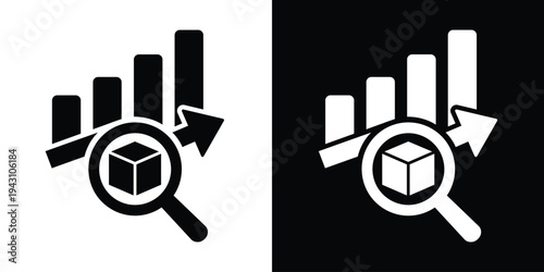 Data analysis and inventory tracking icon. A bar graph with a magnifying glass focusing on a 3D cube, symbolizing logistics inspection, stock market research, and product analytics.