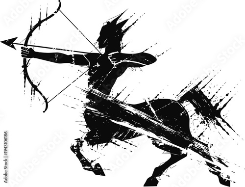 Dynamic centaur archer silhouette drawing aiming arrow with bow in action pose