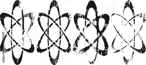 Grunge atomic symbols set vintage worn science icons, physics and energy concept illustrations
