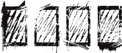 Set of four black grunge frames with rough brush strokes and distressed texture elements