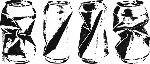 Crushed aluminum cans set four different shapes of empty drink cans with crushed surfaces in black and white