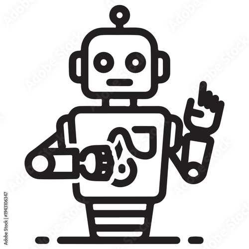 Black and White Line Art Robot Icon with Question Mark Symbol