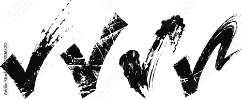 Four black grunge check marks set hand drawn ink ticks with rough brush strokes and textured look