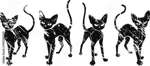 four black cat silhouettes with distressed texture standing in various poses