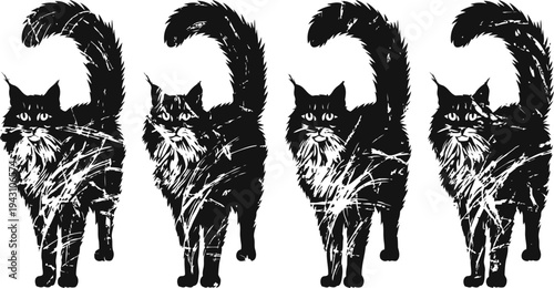 four identical black and white illustrations of fluffy cats with raised tails walking forward