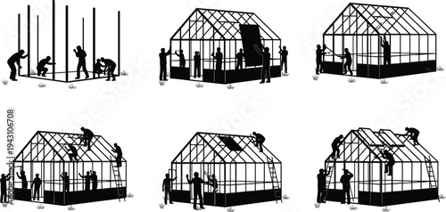 Step‑by‑step teamwork construction process of greenhouse with people assembling frame, installing panels, and completing roof structure, collaborative building project outdoor agriculture environment.