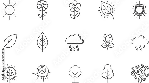 Collection of black line art nature icons representing ecology and weather, featuring minimalist symbols for sun, flower, leaf, rain, tree, and organic growth concepts