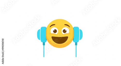 Happy smiley emoji wearing blue headphones enjoying music listening vector illustration