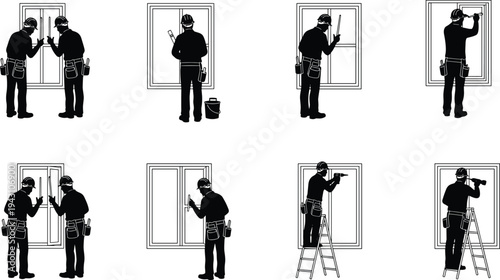 Silhouette sequence of professional window installers measuring, sealing, and fitting residential glass windows, home renovation maintenance concept, construction workers toolkit ladder installation 