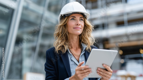 European Female Architect with White Hard Hat and Navy Blazer Reviewing Tablet at Construction Site

