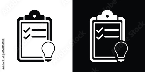 Creative planning and project management icon. A clipboard with a checklist and a lightbulb, representing innovative ideas, strategic tasks, brainstormed goals, and smart solutions.
