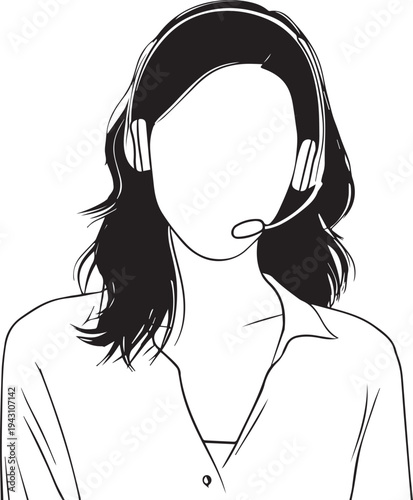 Hand Drawn Female Customer Service Agent Black and White Avatar Illustration in Minimal Line Art Style Design