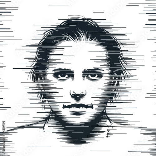 A distorted face illustration with glitch effect and black lines