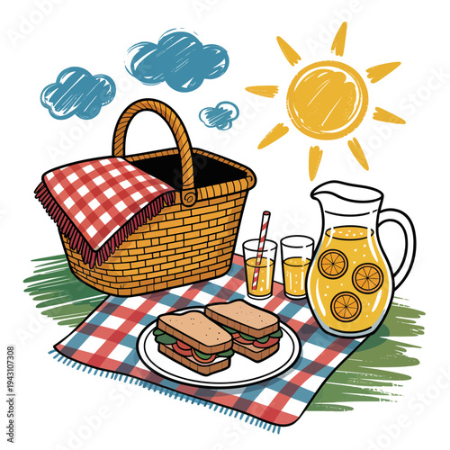 A picnic basket illustration with sandwiches and lemonade on a blanket