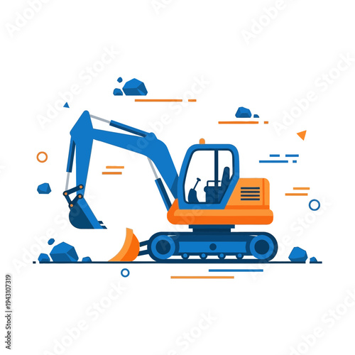 Modern Blue And Orange Excavator Machine Digging In A Construction Site With Rocks