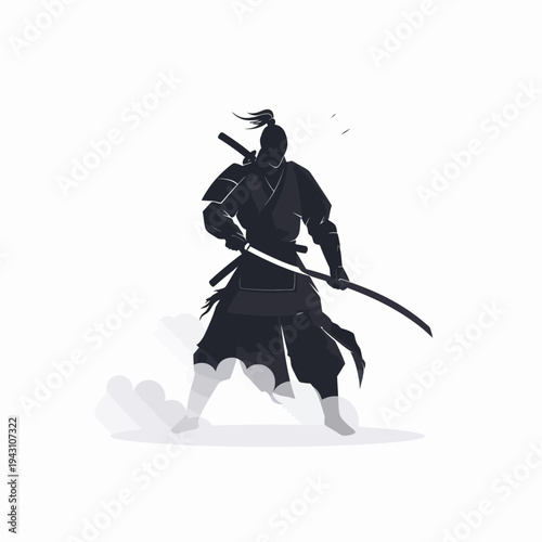 Powerful Japanese Warrior Silhouette with Katana Sword. Ancient Samurai-like Figure in Traditional Armor, Ready for Battle, Historical Asian Fighter.