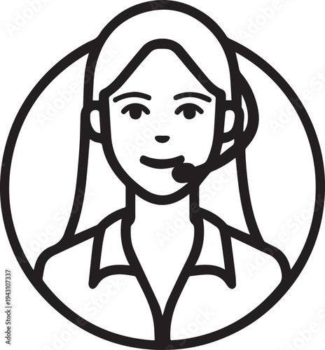 Hand Drawn Female Customer Service Agent Black and White Avatar Illustration in Minimal Line Art Style Design