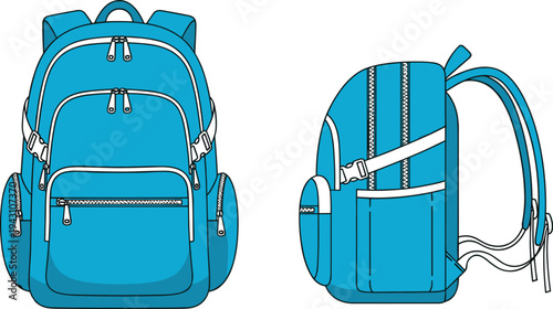 School backpack bag vector illustration with front and side views detailed student travel rucksack for education, hiking and everyday carry design