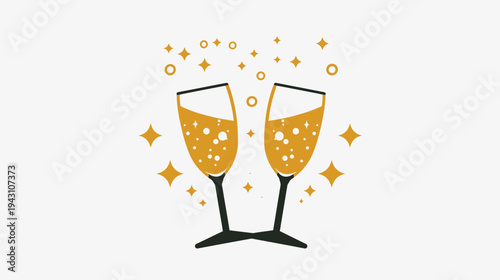 Golden Champagne Flutes Toasting Vector Illustration with Bubbles and Sparkles for Celebrations and Festive Events
