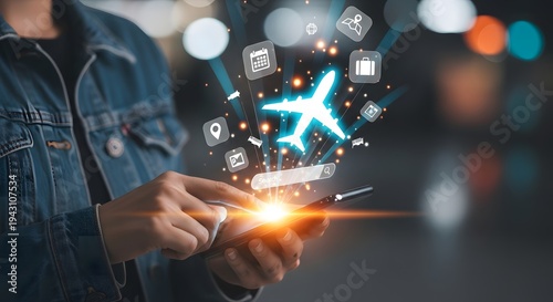 Futuristic mobile travel booking concept with glowing icons and digital airplane