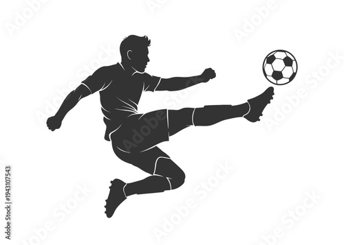 Soccer player kicking ball silhouette football athlete jumping kick.