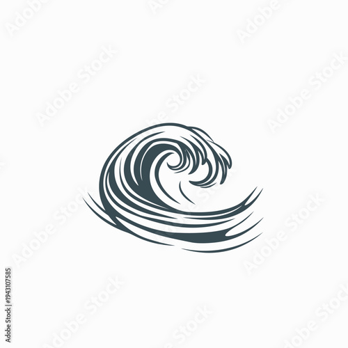 Dynamic stylized ocean wave illustration. Dark monochromatic graphic element in vintage hand-drawn style. Powerful water crest for sea and nature themes.