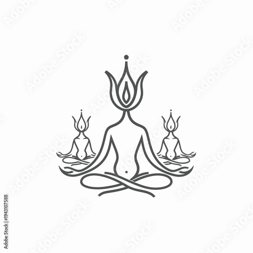 Stylized yoga and meditation line art with three figures in lotus pose, symbolizing spiritual balance, inner peace, and wellness