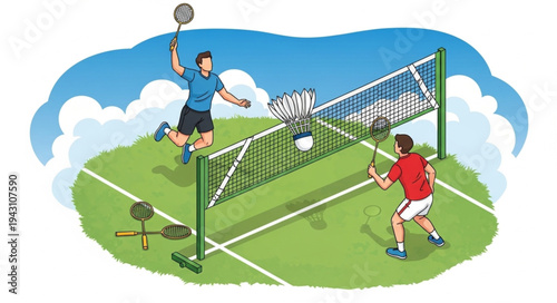 Men Playing Badminton on Green Field.