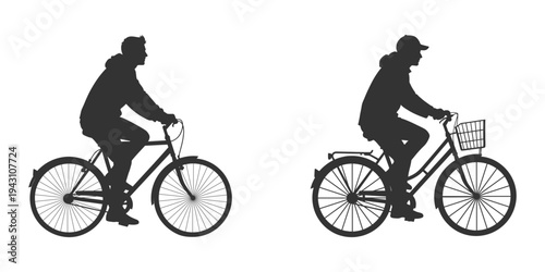 Man riding bicycle and city bike silhouette set for healthy lifestyle.