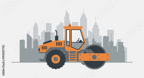 Modern City Construction Scene With Orange Steamroller Machine