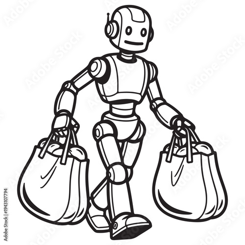 Black and White Line Art Robot Walking with Shopping Bags