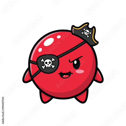 Red Cartoon Pirate Ball with Eyepatch and Hat.