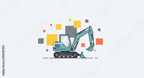 Modern Compact Excavator Working On Site With Abstract Geometric Shapes