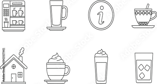 Collection of Outline Beverage Icons Featuring Coffee Machines Mugs Lattes and Refreshing Drinks for Cafe Menus Coffee Shop Branding and Restaurant Digital Designs