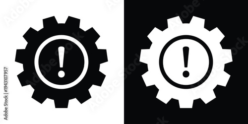 Industrial error or system alert icon. A bold gear silhouette with a central exclamation mark, symbolizing mechanical failure, maintenance warnings, or technical troubleshooting settings.