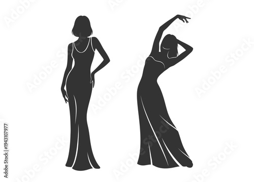 Fashion women in long evening dresses pose silhouette set for beauty design.