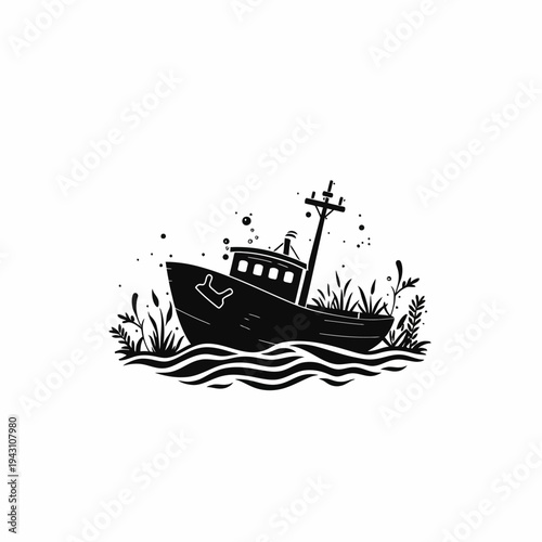 Distressed black and white illustration of an old abandoned boat or shipwreck, partially submerged in water with aquatic plants. Vintage grunge art.