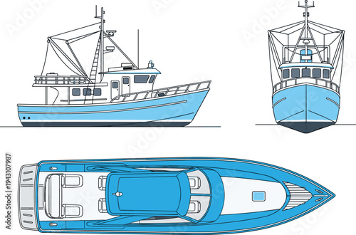 Commercial fishing boat vessel multiple views side front and top detailed maritime transport ship vector illustration isolated on background