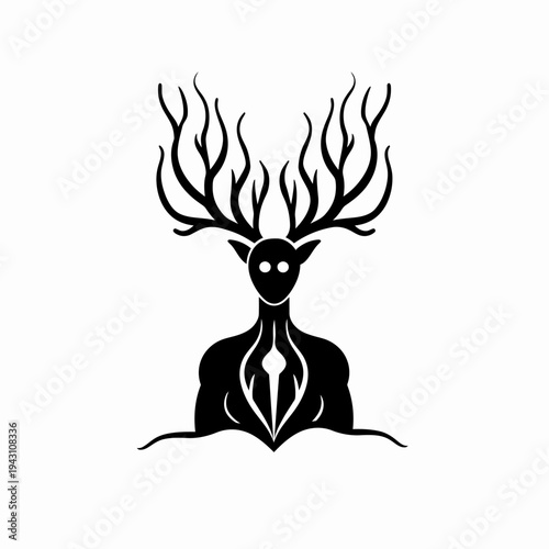 Mysterious humanoid forest spirit with large antlers illustration. Abstract mythical woodland creature icon or logo concept.