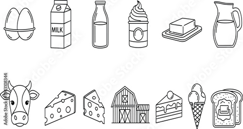 Set of Minimalist Linear Icons Featuring Dairy Products Farm Animals and Barn for E-commerce Grocery Apps Healthy Nutrition Marketing and Agricultural Education Projects
