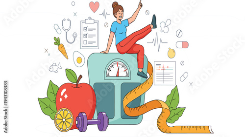 Weight Loss and Healthy Lifestyle Concept with Woman on Scale, Measuring Tape, Fruits, Fitness Equipment and Diet Plan Illustration