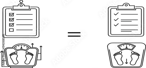 Weight Loss Process Concept with Checklist and Bathroom Scale Icons Showing Diet Plan, Progress Tracking and Body Weight Reduction