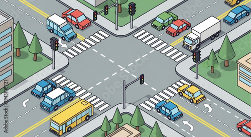 Isometric City Intersection with Cars, Trucks, and Pedestrian Crossings.