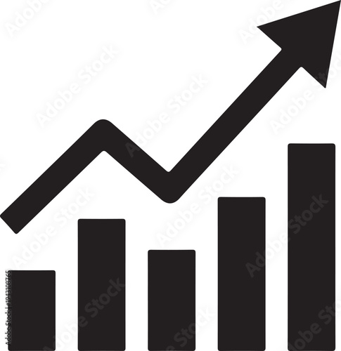  Business growth chart icon, upward arrow graph, black silhouette vector illustration, finance analytics concept, modern minimal design