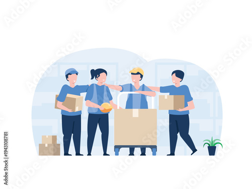 Diverse team of movers working together to transport boxes and packages efficiently